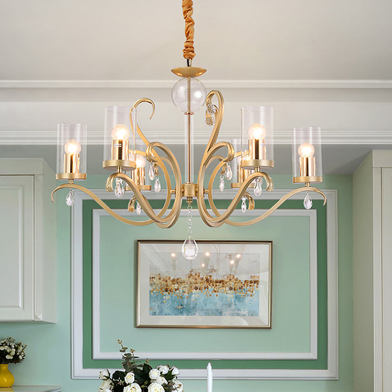 Cilinder suspensie lamp Minimalistisch helder glas 6 koppen gouden kroonluchter met kristaldruppel