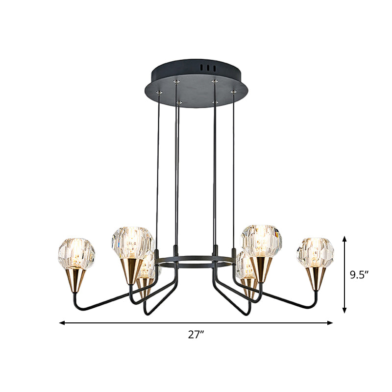 6/8 Glühbirnen Wohnzimmer Suspension Licht Minimalismus Schwarzer Kronleuchter mit runden Facettenkristallschatten