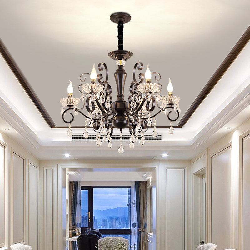 Metallic Candle Hanging Lamp Kit Minimalism 6/8 Bulbs Black Chandelier with Crystal Strands and Curvy Arm