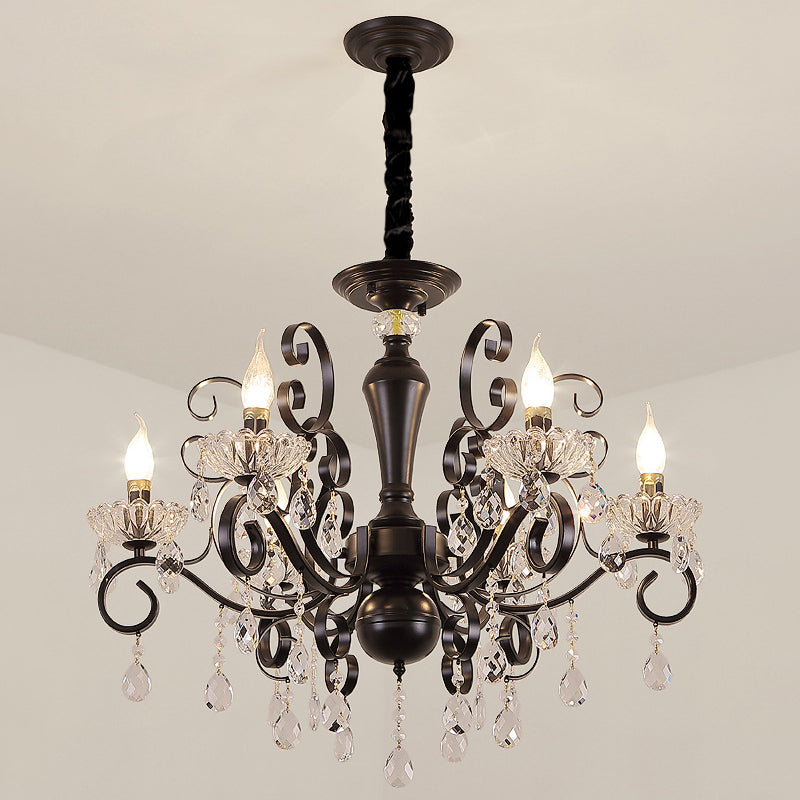 Metallic Candle Hanging Lamp Kit Minimalism 6/8 Bulbs Black Chandelier with Crystal Strands and Curvy Arm