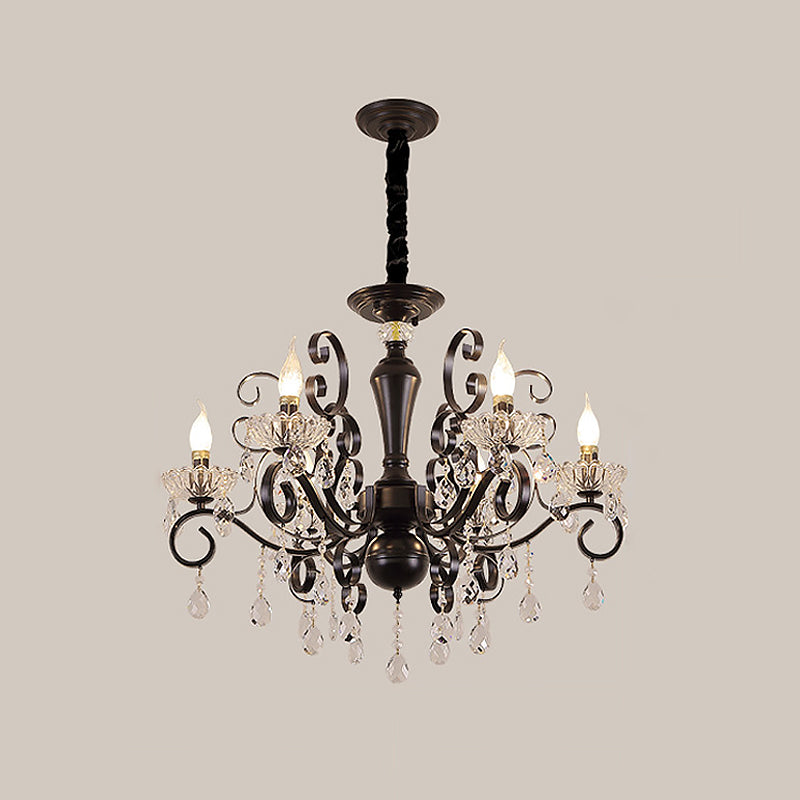 Metallic Candle Hanging Lamp Kit Minimalism 6/8 Bulbs Black Chandelier with Crystal Strands and Curvy Arm