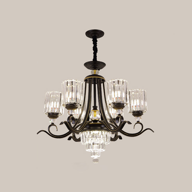 Kristallblockzylinder Kronleuchter minimalistisch 6/8-Bulb-Deckenleuchte mit kurviger Arm in Schwarz