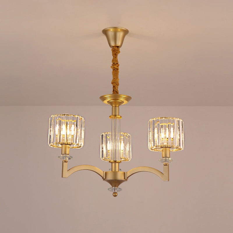 Drum Clear Crystal Ceiling Chandelier Modern 3/8 Heads Gold Suspended Lighting Fixture for Parlor