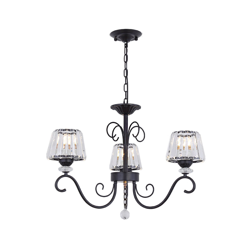 Conische kroonluchter verlichtingsarmatuur Vintage Crystal Prisms 3/6/8 Heads Black Suspension Lighting met scrollarm