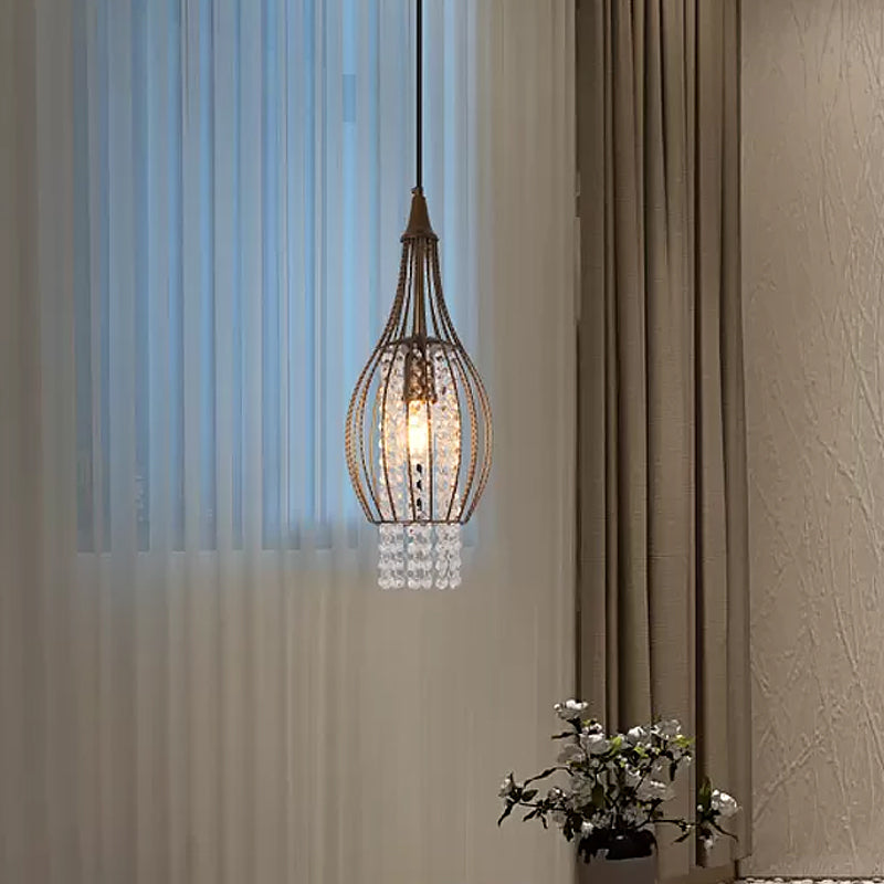 Pear-Shape Frame Restaurant Pendant Metallic 1 Light Minimalist Down Lighting with Crystal Strands in Coffee