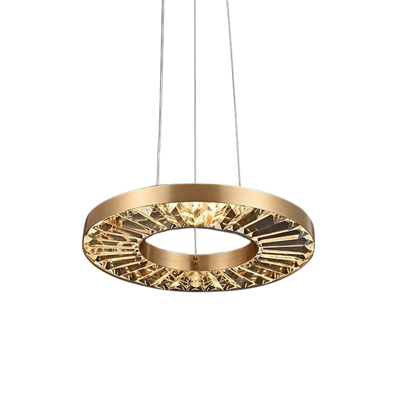 Retro LED Hanging Lamp Kit Gold Circle Suspension Lighting with Prismatic Crystal Shade in Warm/Natural Light