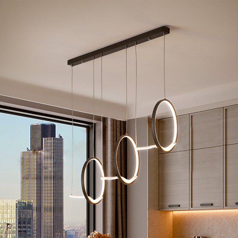 Metallic 3 Ringed Chandelier Lamp Modernist LED Hanging Light Kit in Black/Gold, Warm/White Light
