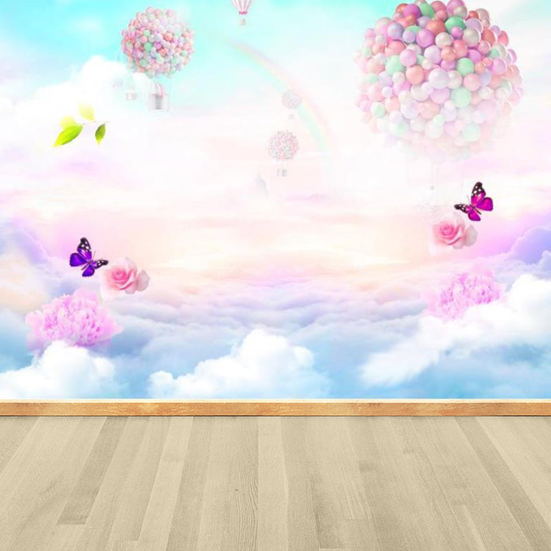 Big Hot Air Balloon Mural Wallpaper Childrens Art Dreamy Heaven Wall Covering in Pink