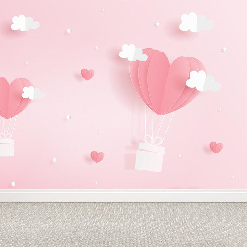 Full Size Cartoon Mural Wallpaper Pink Heart-Shaped Hot Air Balloon Wall Decor, Custom Print