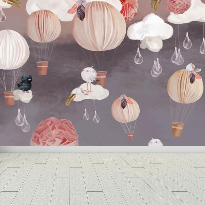 Hot Air Balloon Wallpaper Mural Grey Cartoon Wall Covering for Childrens Bedroom