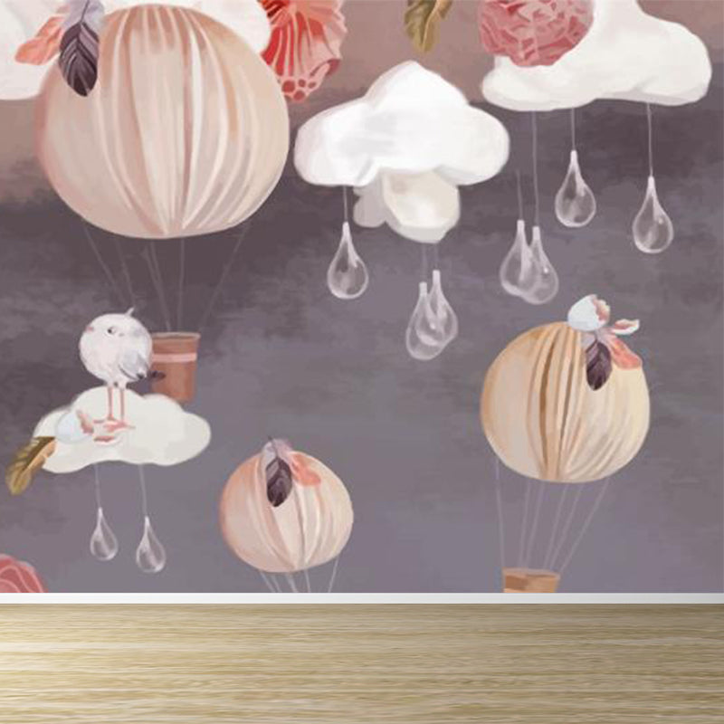 Hot Air Balloon Wallpaper Mural Grey Cartoon Wall Covering for Childrens Bedroom