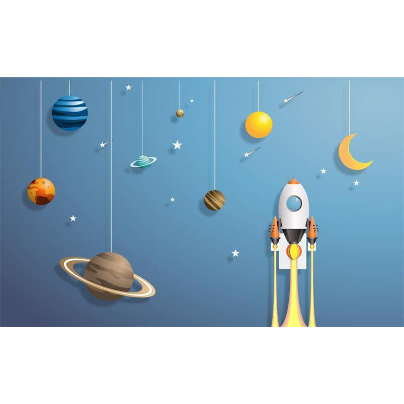Kids Suspended Planets Wallpaper Mural Blue Outer Space Wall Art for Boys Bedroom
