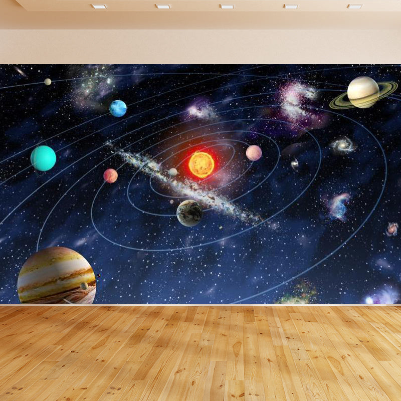 Kids Solar System Wall Mural Non-Woven Waterproof Dark Blue Wall Covering for Room