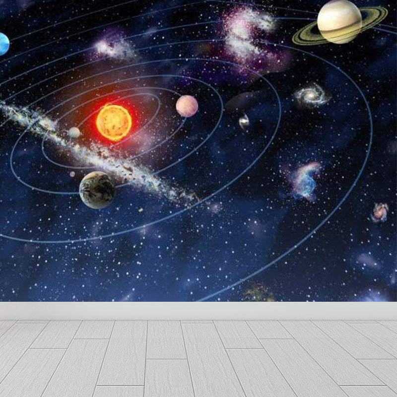 Kids Solar System Wall Mural Non-Woven Waterproof Dark Blue Wall Covering for Room