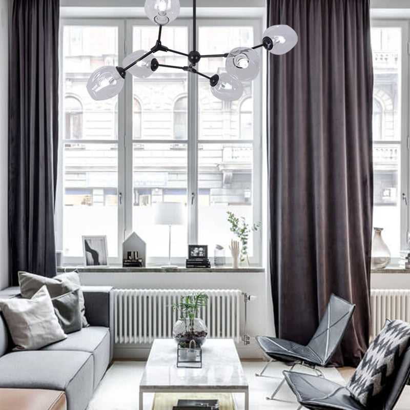 Schwarzer Zweig Kronleuchter moderner nordischer Stil 6/8/9 Lichter Bernstein/Blau/klares Glas Deckenlicht mit verstellbarem Arm