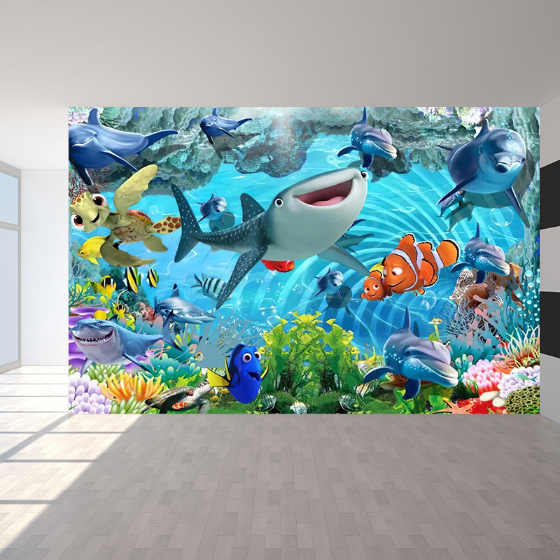 Kids Tropical Undersea Life Mural Decal Blue Moisture Resistant Wall Decor for Nursery