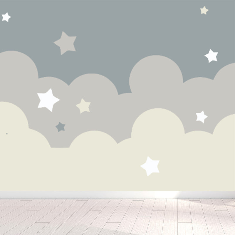 Beige Cartoon Wallpaper Mural Large Crescent and Starry Sky Wall Covering for Room