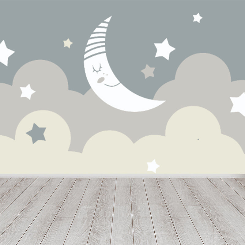 Beige Cartoon Wallpaper Mural Large Crescent and Starry Sky Wall Covering for Room