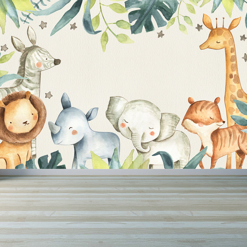 Cartoon Animals Wallpaper Mural for Baby Room Personalized Size Wall Decor in Beige