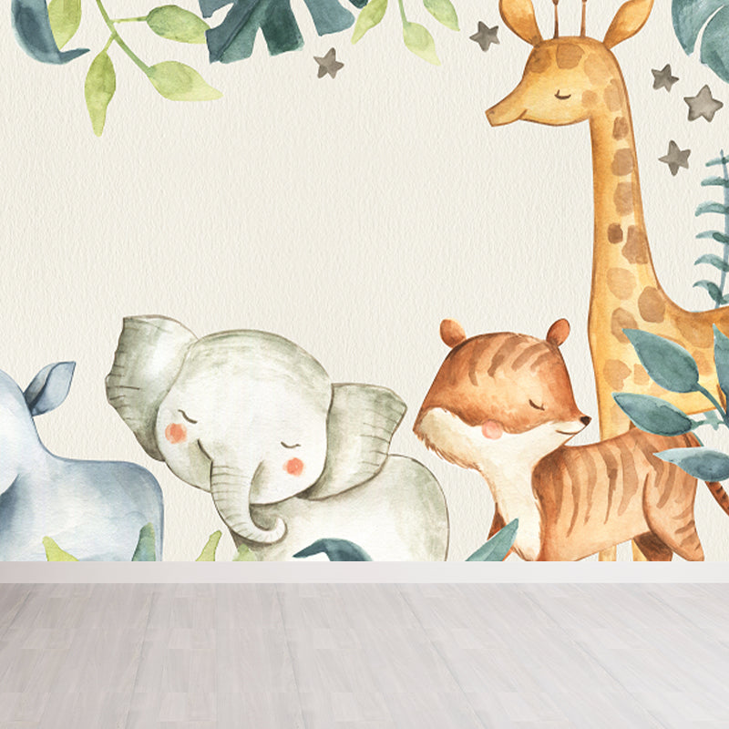 Cartoon Animals Wallpaper Mural for Baby Room Personalized Size Wall Decor in Beige