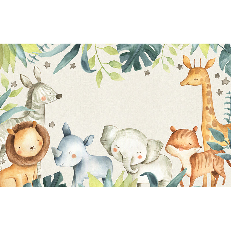 Cartoon Animals Wallpaper Mural for Baby Room Personalized Size Wall Decor in Beige