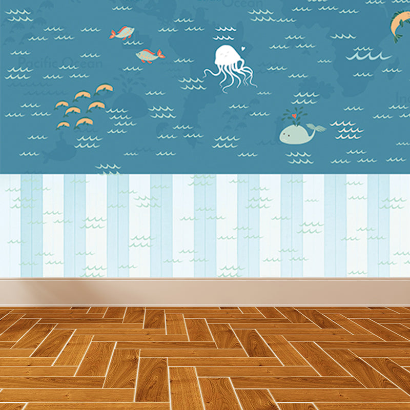 Large Nautical Mural Cartoon Imaginative Sea Life in the Sky Wall Covering in Soft Color