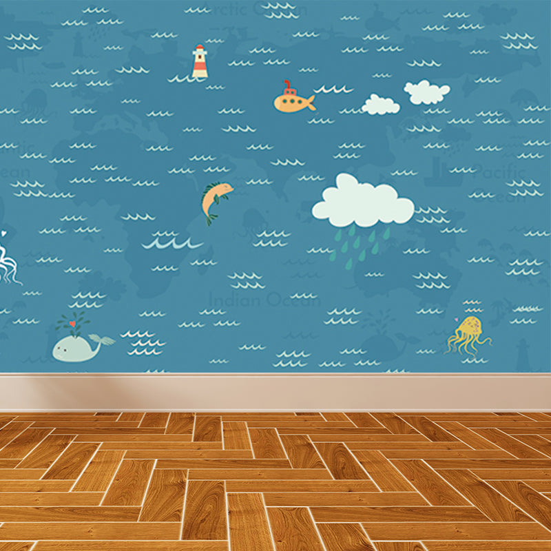 Large Nautical Mural Cartoon Imaginative Sea Life in the Sky Wall Covering in Soft Color