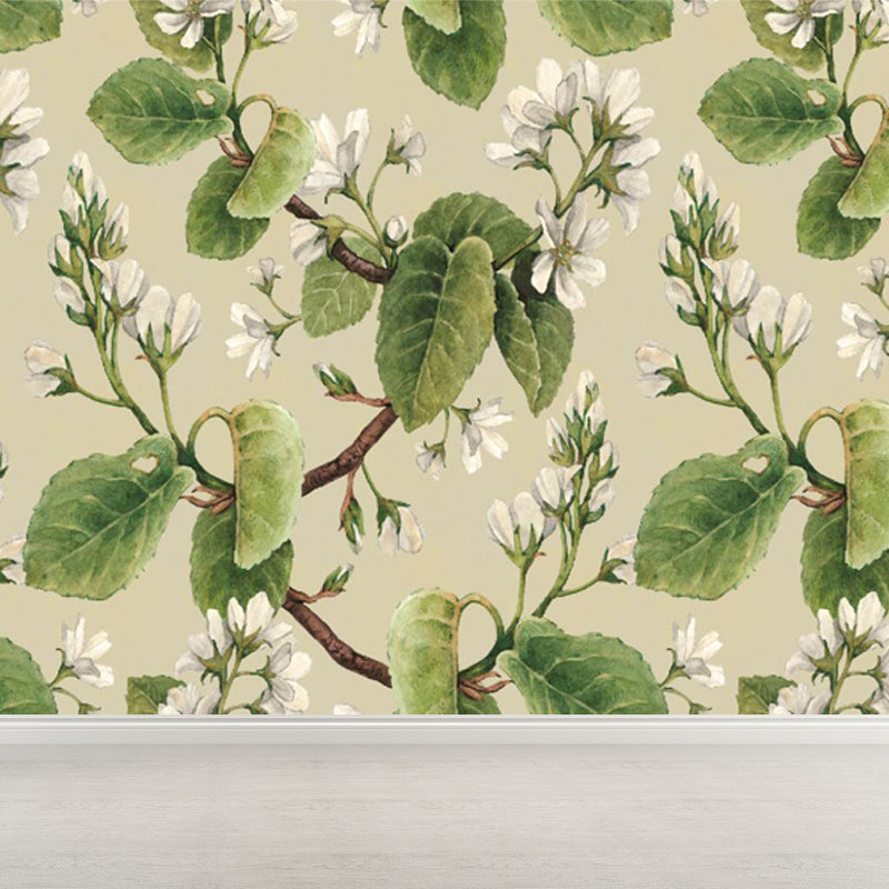 Tropical Botanical Wall Mural Non-Woven Stain-Proof Pastel Color Wall Art for Bedroom