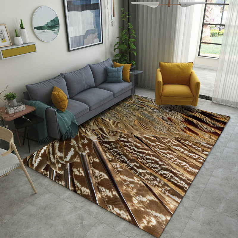 Casual Modern Rug in Grey and Brown Animal Leaf Peacock Feather Pattern Rug Polyester Non-Slip Carpet for Home Decor