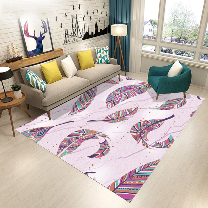 Modern Living Room Rug in Pink and Green Botanical Leaves Floral Print Rug Polyester Anti-Slip Area Rug