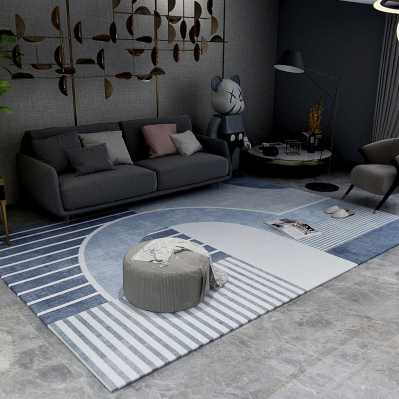 Minimalist Modern Rug in White and Blue Color Block Stripe Pattern Rug Polyester Non-Slip Carpet for Home Decoration