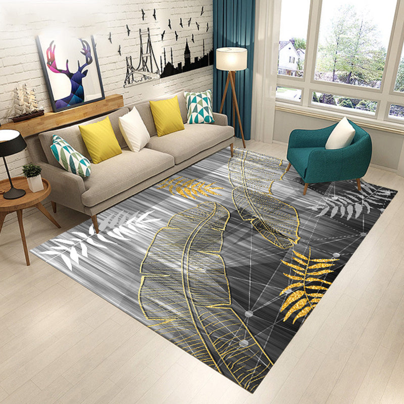 Scandinavian Modern Rug in Black and Blue Botanical Leaf Floral Pattern Rug Polyester Pet Friendly Carpet for Home Decor