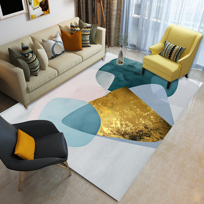 Nordic Modern Rug in Ivory and Blue Color Block Irregular Shape Pattern Rug Polyester Washable Carpet for Home Decor