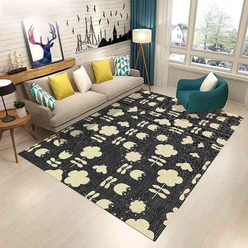 Blue and Brown Bedroom Rug Modern Botanical Flower Leaf Pattern Area Rug Polyester Pet Friendly Carpet