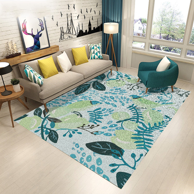 Blue and Brown Bedroom Rug Modern Botanical Flower Leaf Pattern Area Rug Polyester Pet Friendly Carpet