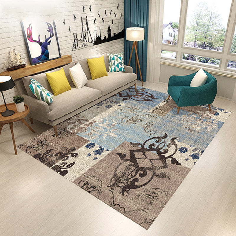 Blue and Brown Bedroom Rug Modern Botanical Flower Leaf Pattern Area Rug Polyester Pet Friendly Carpet