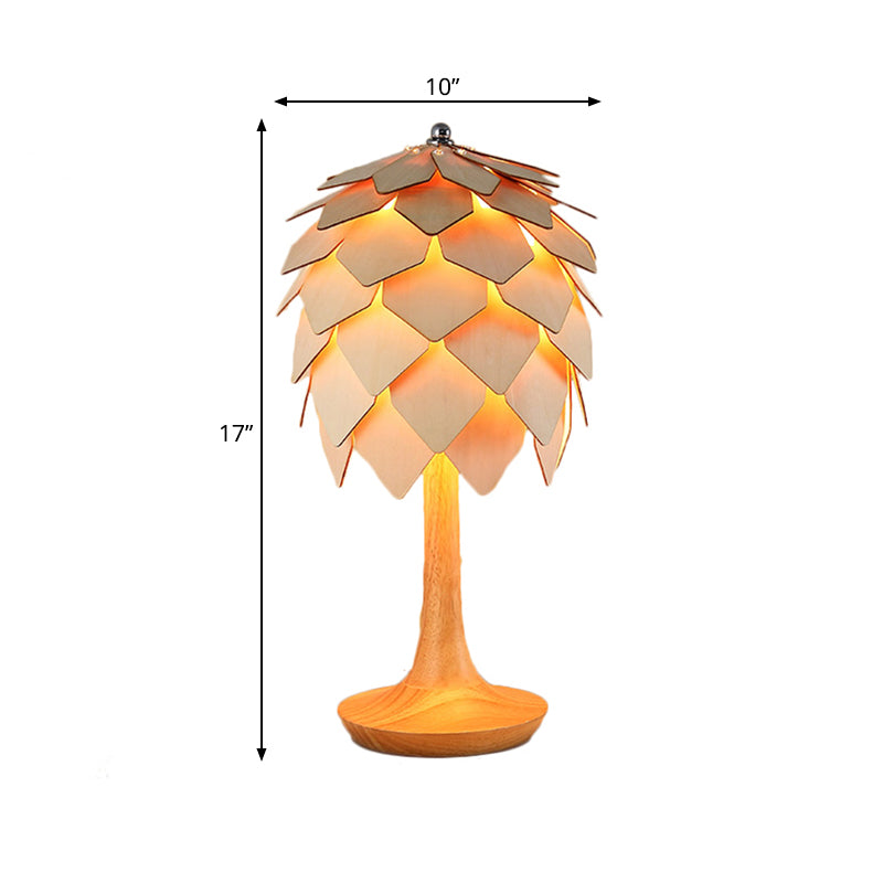 Lámpara de mesa de cono de pino de madera Estilo contemporáneo Iluminación de mesa beige de 1 luces para dormitorio