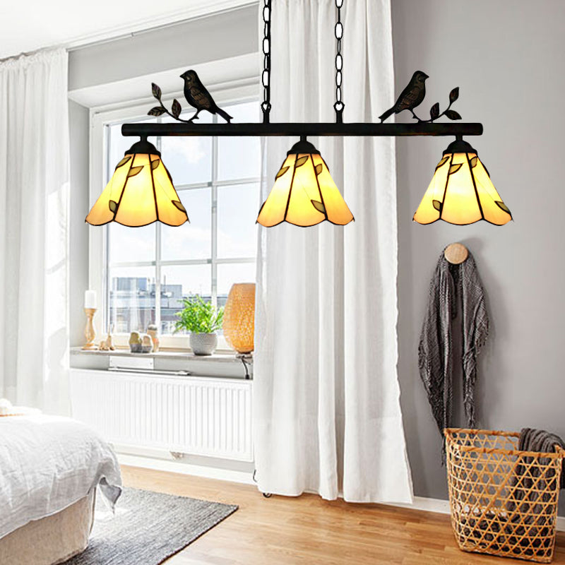 Cone Stainless Glass Island Lighting Tiffany Stylish 3 Lights Beige Island Chandelier Light with Bird Accent