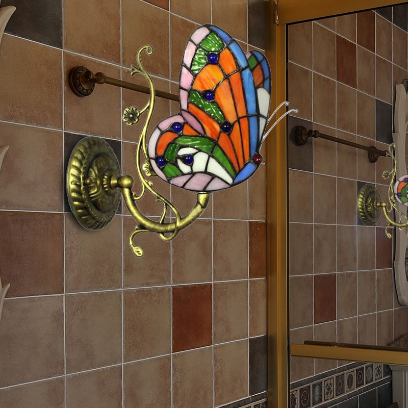 1 Light Mini Wall Sconce with Butterfly Rustic Loft Style Stained Glass Wall Mount Light in Blue/Orange