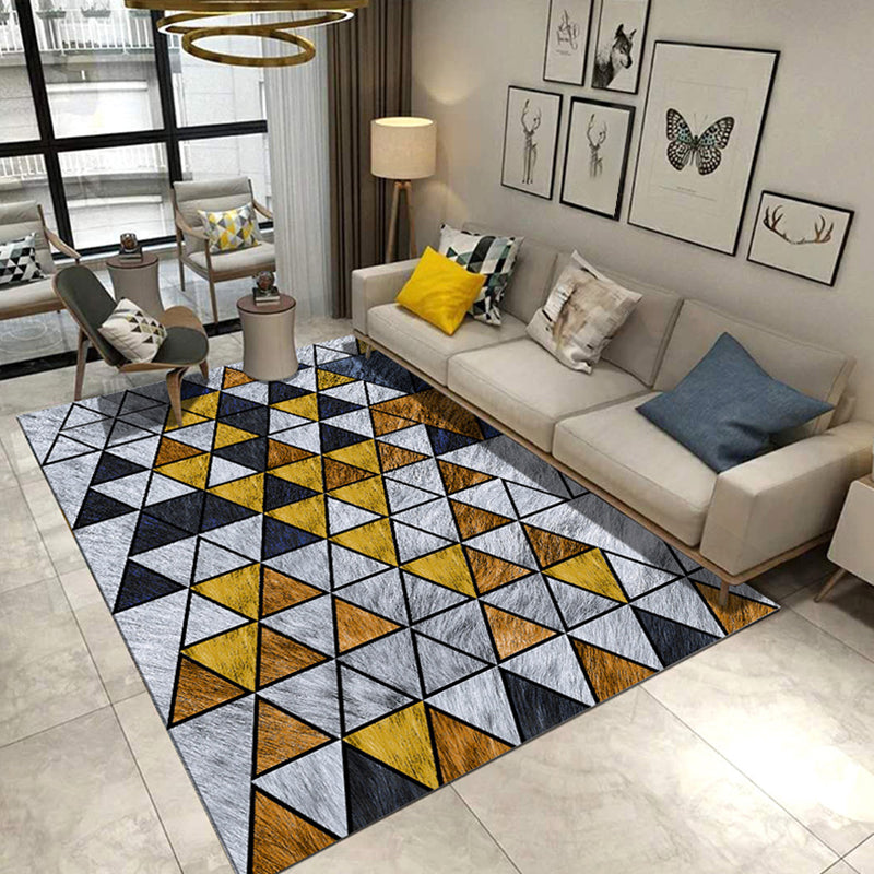 Modern Living Room Rug in Grey and Blue Geometric Triangle Hexagon Print Rug Polyester Anti-Slip Area Rug