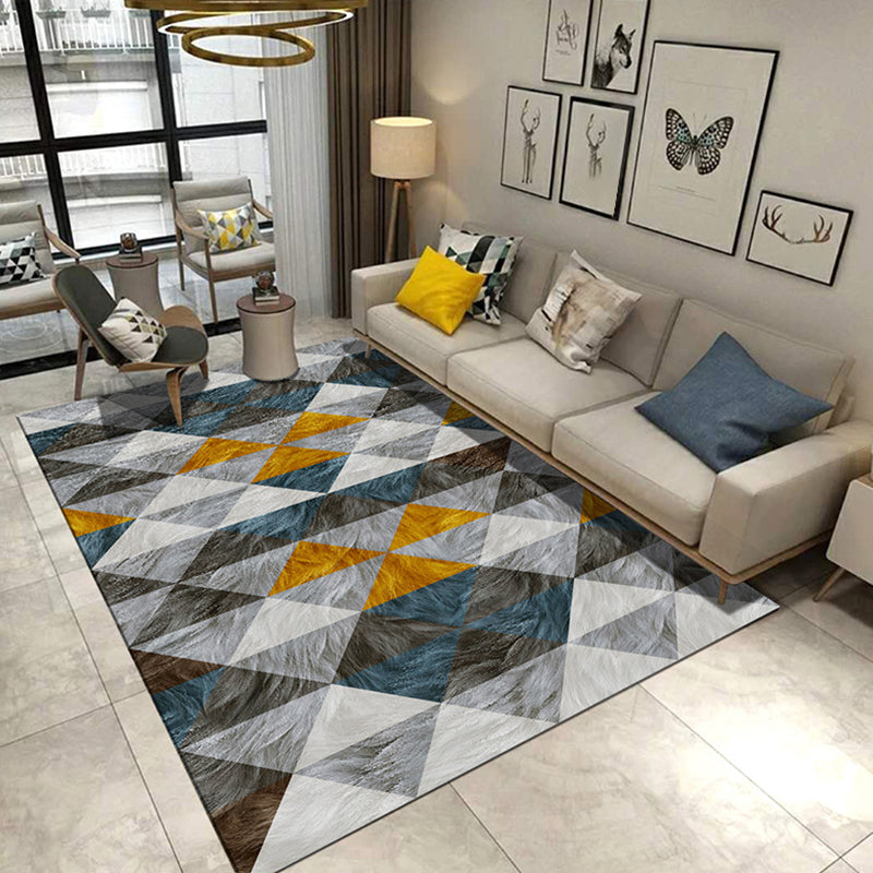 Modern Living Room Rug in Grey and Blue Geometric Triangle Hexagon Print Rug Polyester Anti-Slip Area Rug