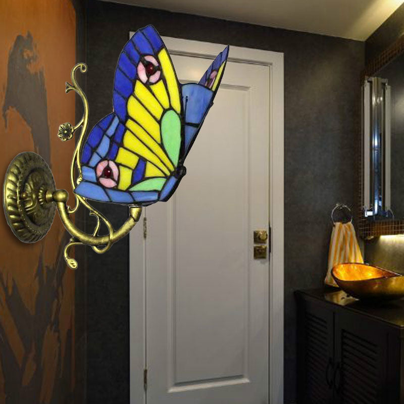 1 Light Mini Wall Sconce with Butterfly Rustic Loft Style Stained Glass Wall Mount Light in Blue/Orange