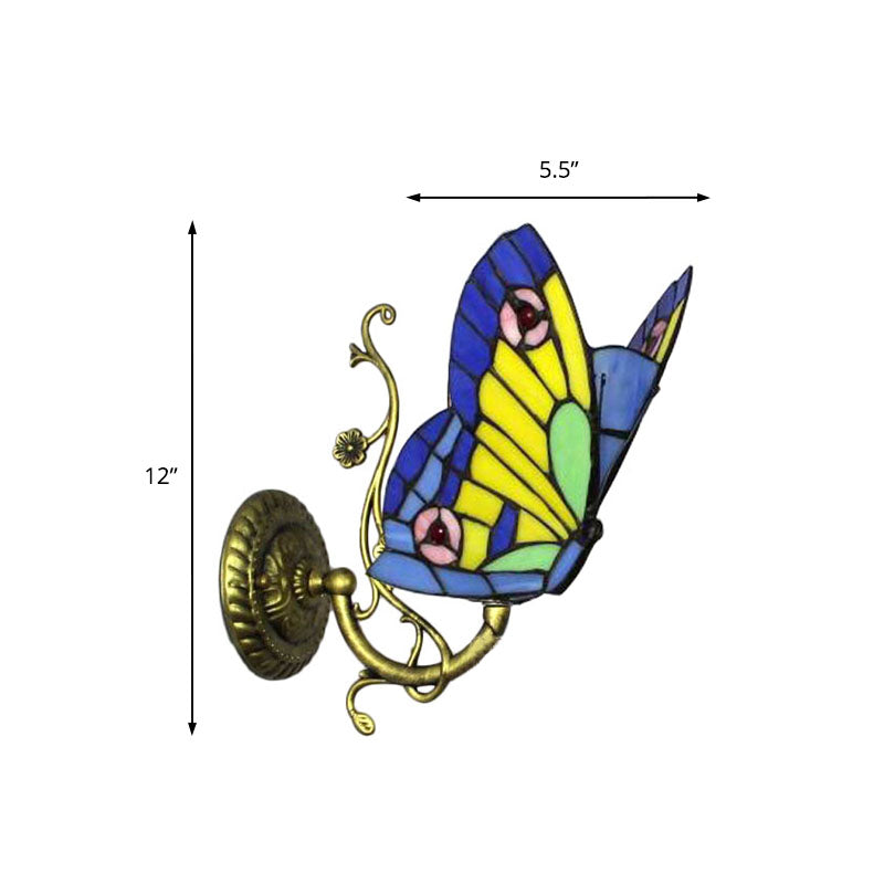 1 Light Mini Wall Sconce with Butterfly Rustic Loft Style Stained Glass Wall Mount Light in Blue/Orange