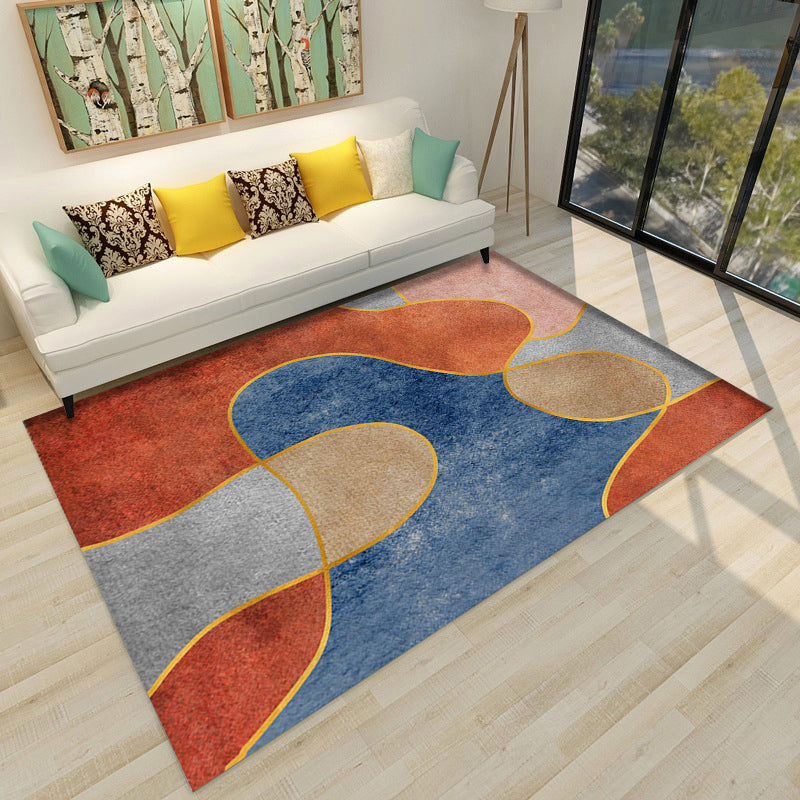 Modern Living Room Rug in Brown and Blue Color Block Twisted Line Print Rug Polyester Anti-Slip Backing Area Rug