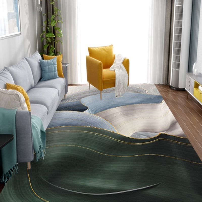 Contemporary Living Room Rug Green Multicolor Abstract Rug Polyester Washable Anti-Slip Pet Friendly Area Rug