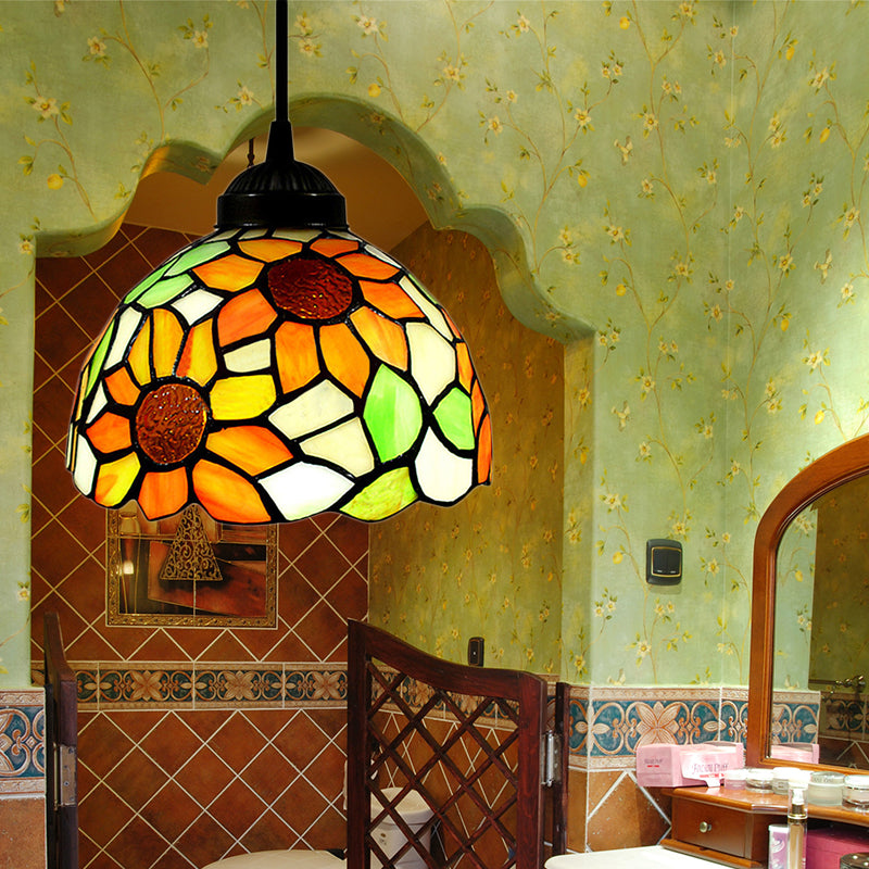 Tiffany-Style Hemisphere Pendant Lamp 1 Bulb Red/Orange/Orange-Green Stained Art Glass Ceiling Hanging Light