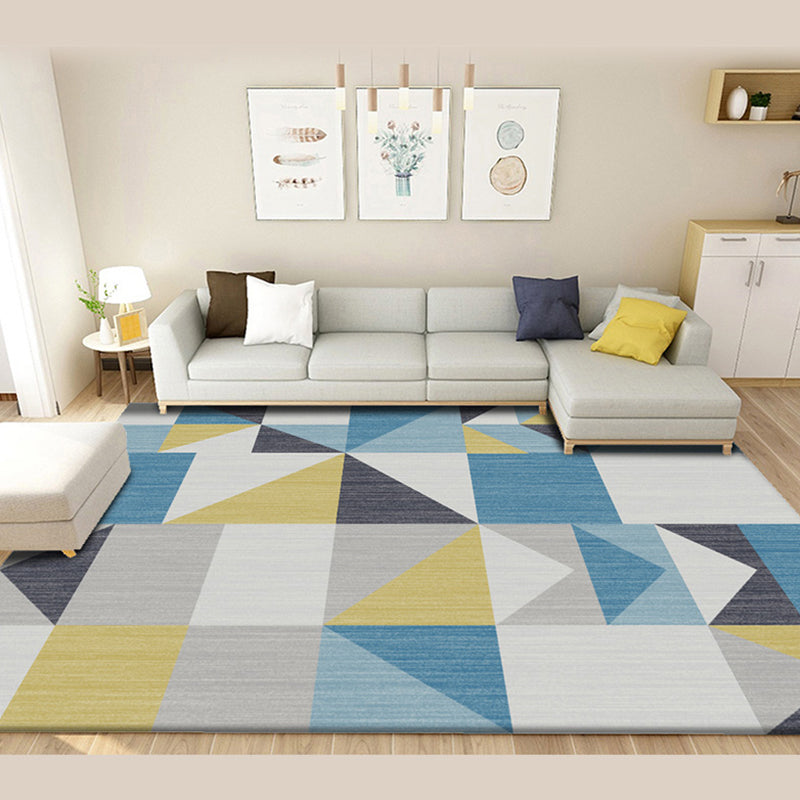 Blue and Grey Modernist Rug Polyester Geometric Pattern Rug Pet Friendly Washable Anti-Slip Backing Carpet for Living Room