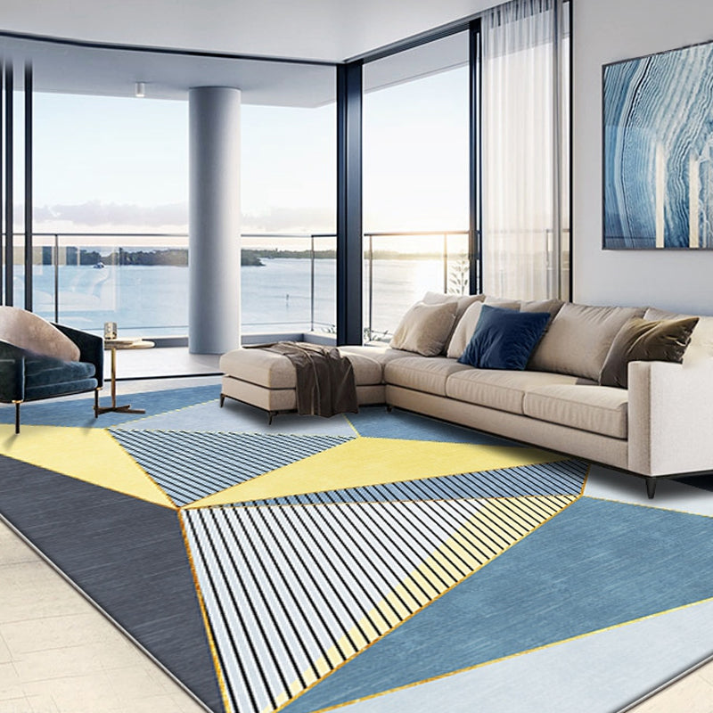 Blue Modernist Rug Polyester Geometric and Striped Pattern Rug Pet Friendly Washable Anti-Slip Backing Carpet for Living Room