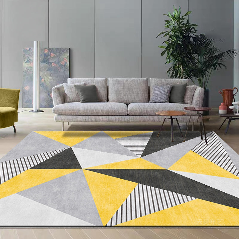 Nordic Geometric Pattern Rug with Stripe Yellow and Grey Modern Rug Polyester Washable Pet Friendly Anti-Slip Carpet for Living Room