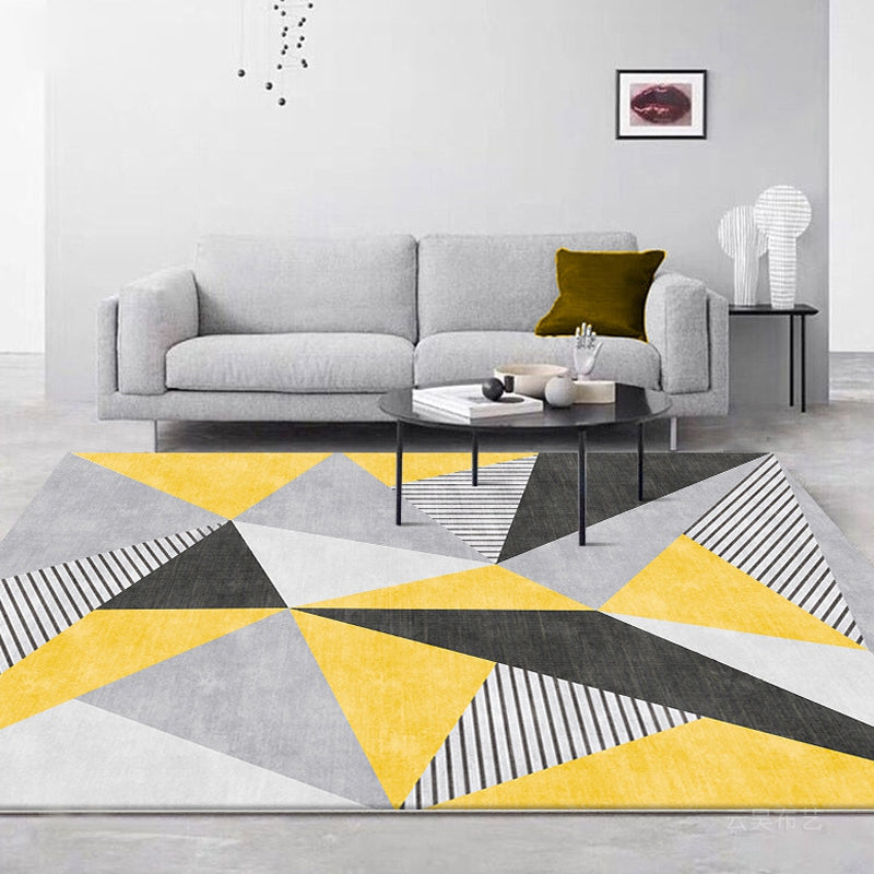 Nordic Geometric Pattern Rug with Stripe Yellow and Grey Modern Rug Polyester Washable Pet Friendly Anti-Slip Carpet for Living Room
